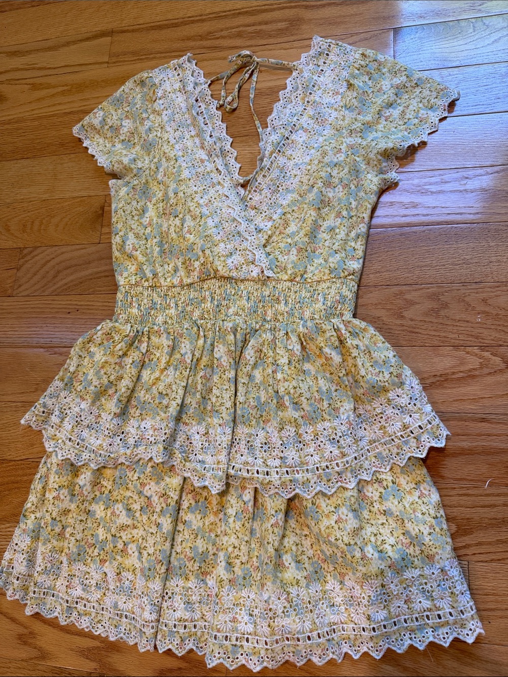 American Eagle Cottagecore Floral Ruffle Tiered Mini Dress Yellow Medium